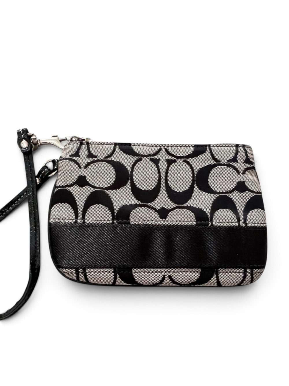 Coach Signature Monogram Canvas Black White Wristlet Mini Pouch Bag